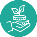Illustration of a hand holding coins and leaves
